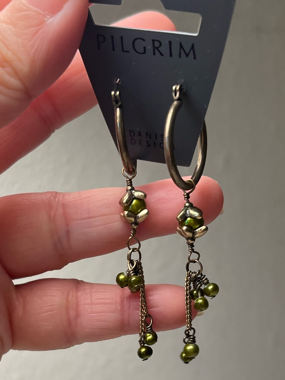 Pilgrim Metallic Olive Green Beaded Dangle Hoop Earrings